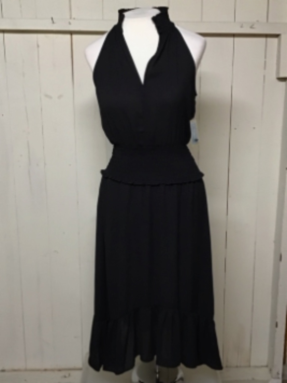 CeCe Chiffon Halter Midi Dress with Smocked Waist Black XS